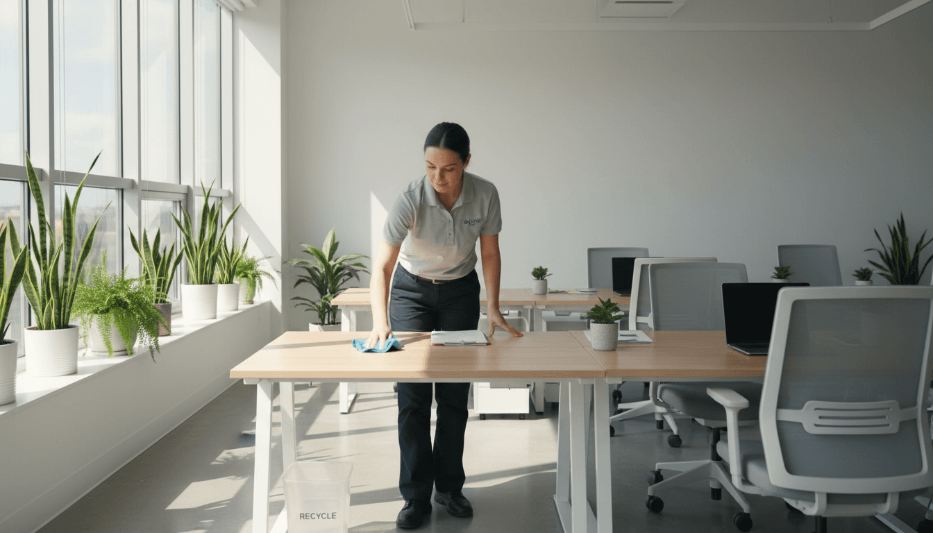 Professional cleaner wiping down a desk in a bright modern office