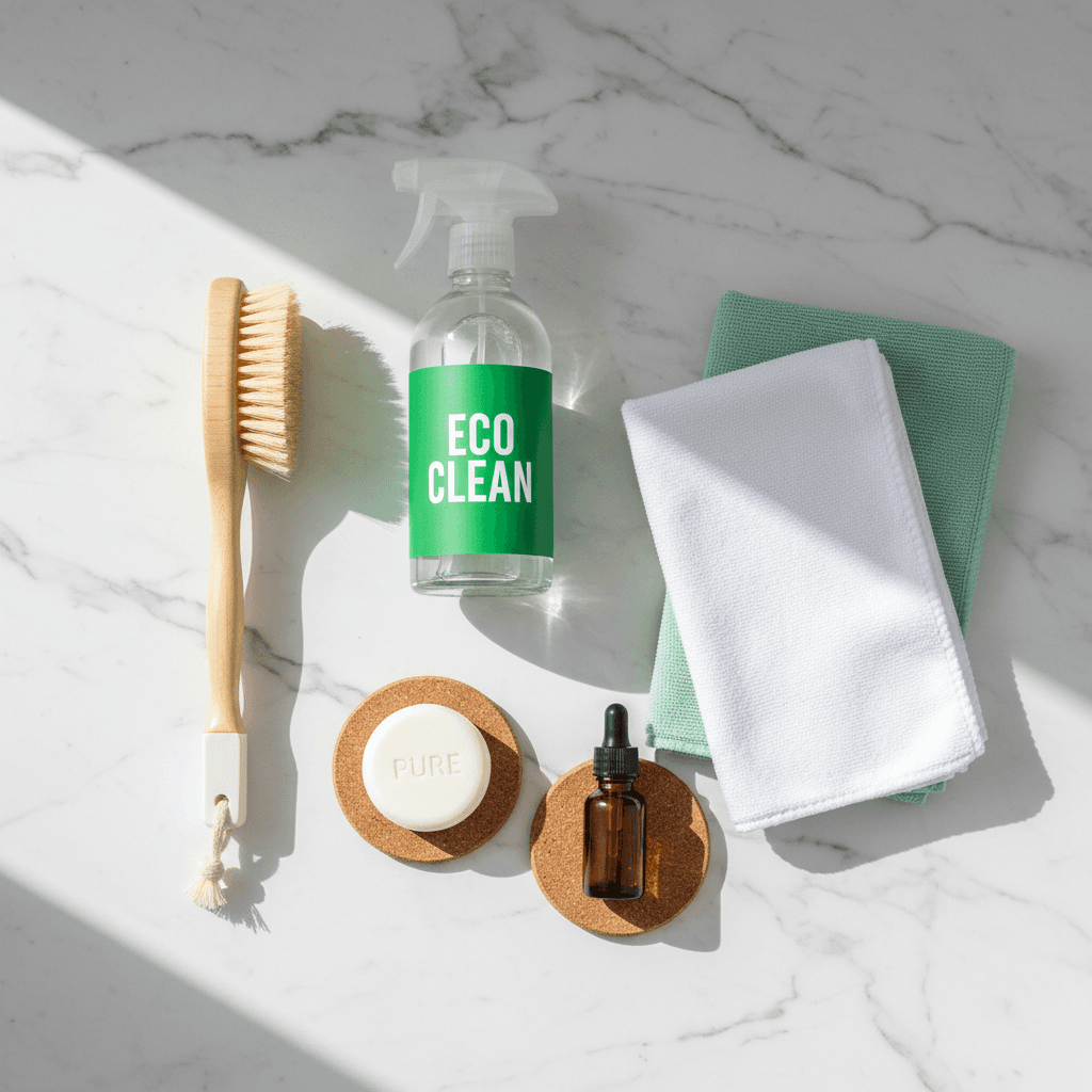Eco-friendly cleaning supplies arranged neatly