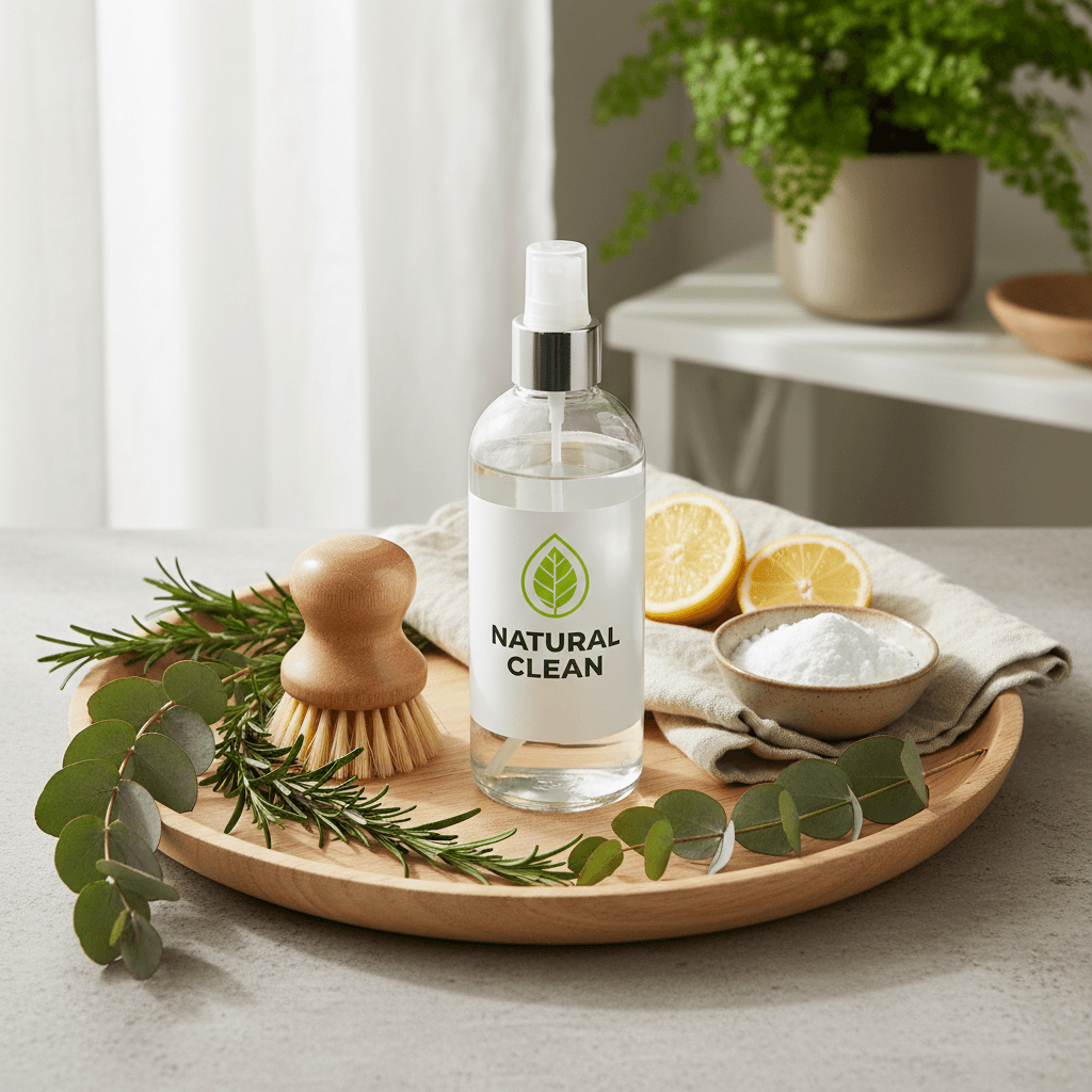 Eco-friendly cleaning supplies arranged on a wooden tray