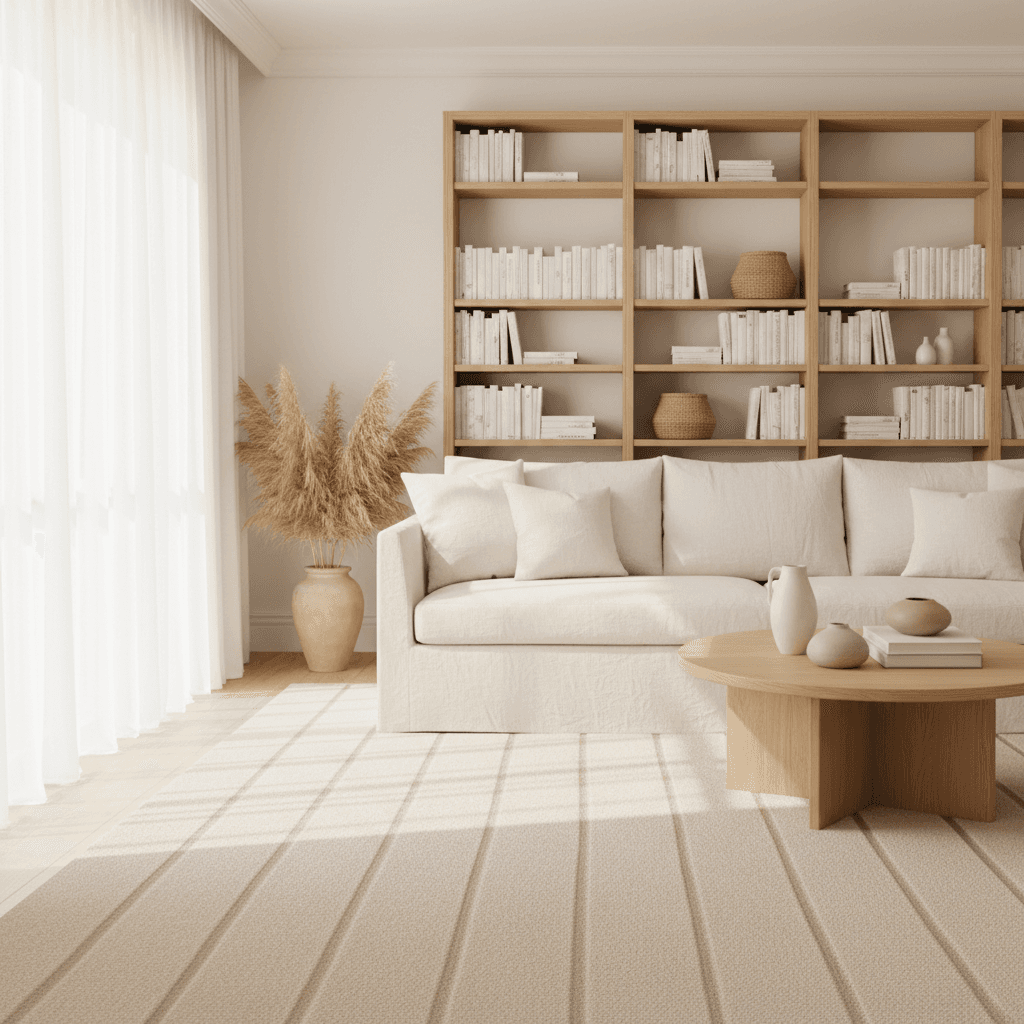 Bright living room with vacuum lines on carpet after a routine clean