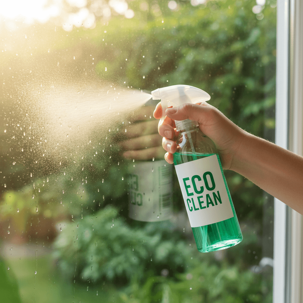 Hand spraying glass with eco-friendly biodegradable cleaner