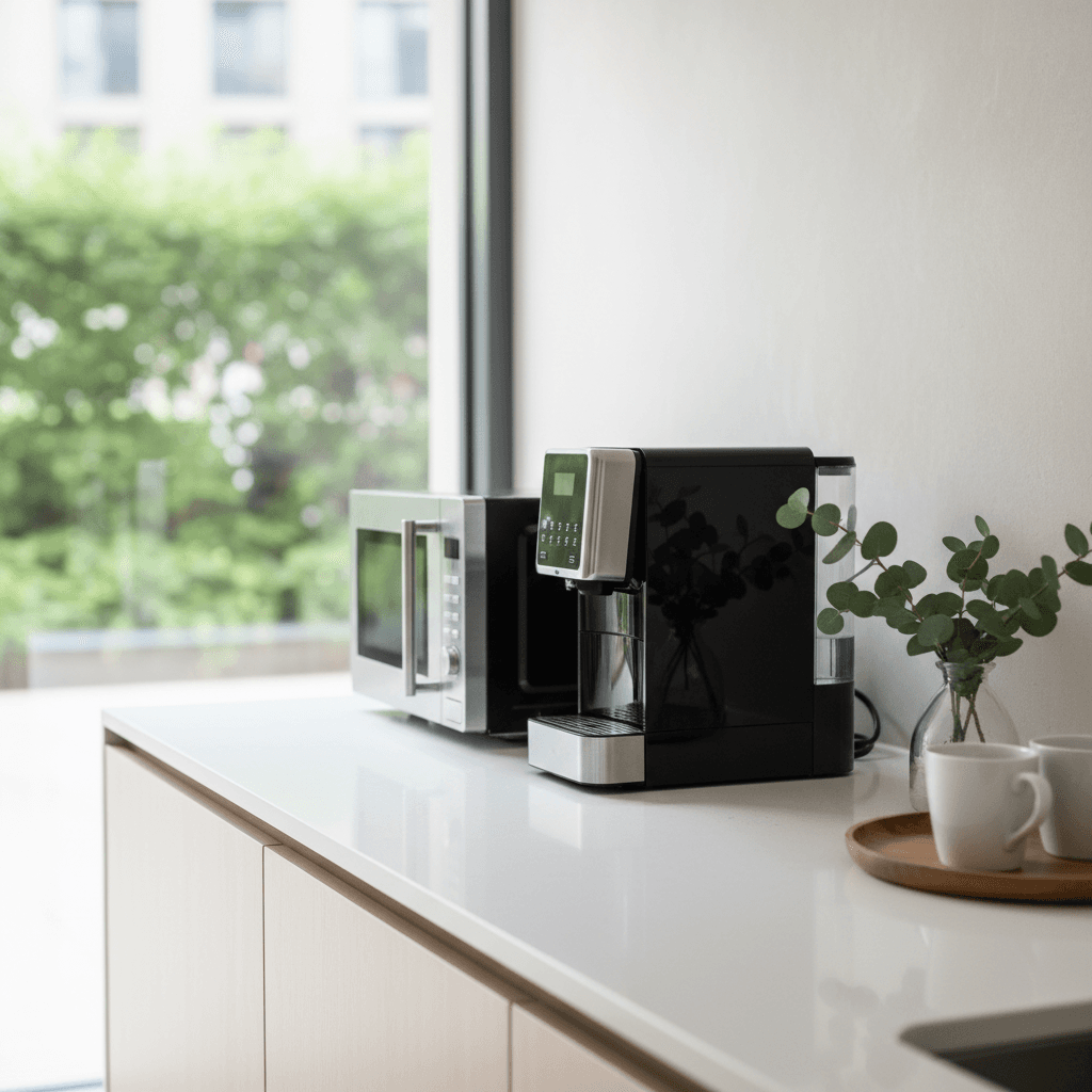Freshly wiped break room counter with clean coffee machine