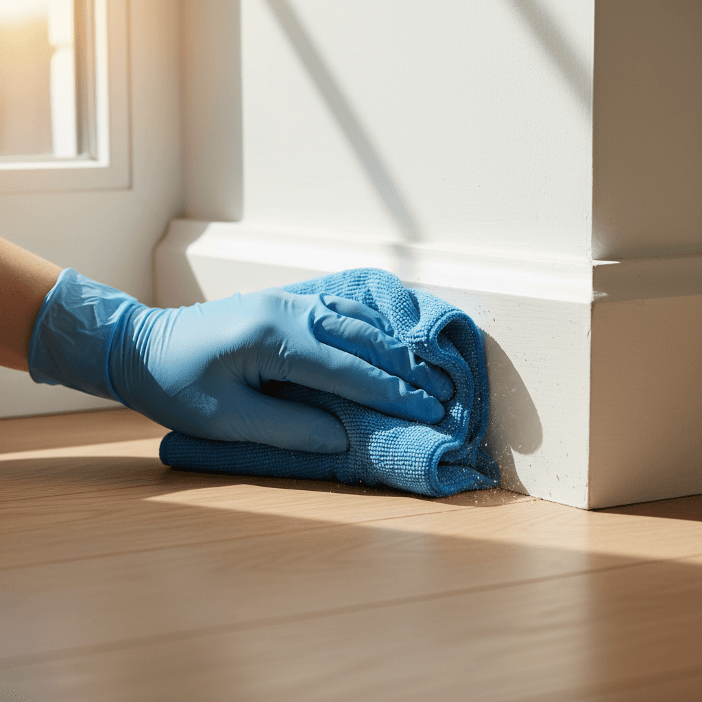 Close-up of a hand wiping a baseboard with a microfiber cloth