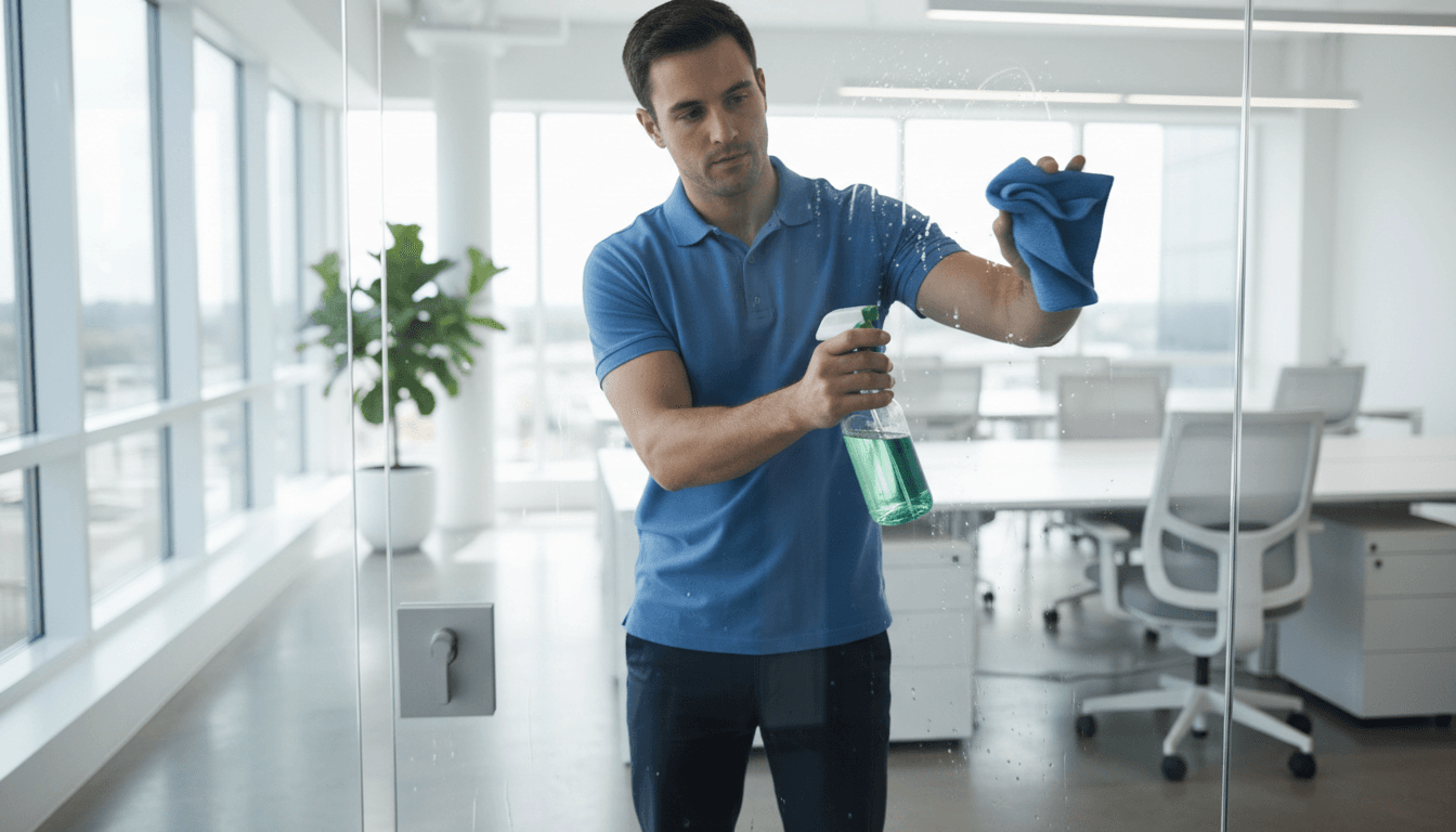 Professional cleaner wiping a glass door in a bright, modern office space.