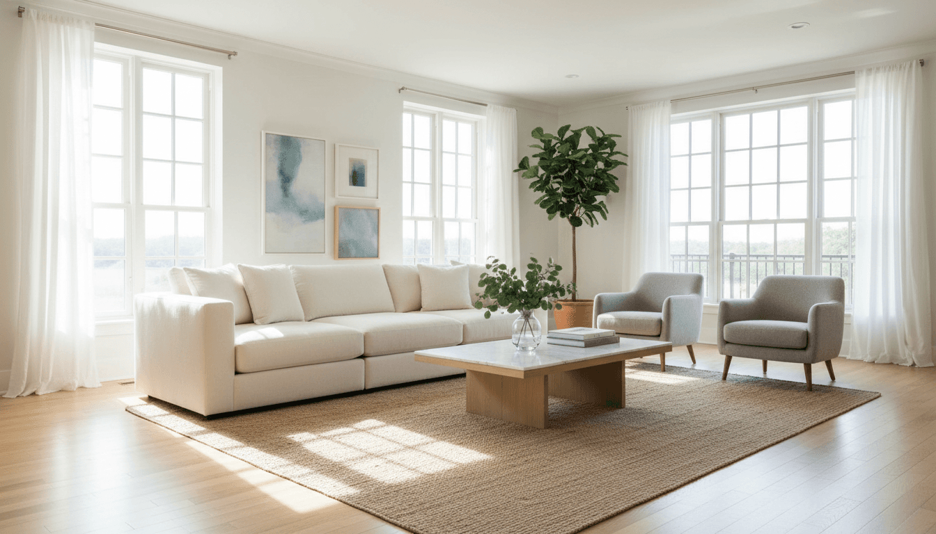 Bright living room with sunlight, clean sofa and coffee table, fresh and welcoming