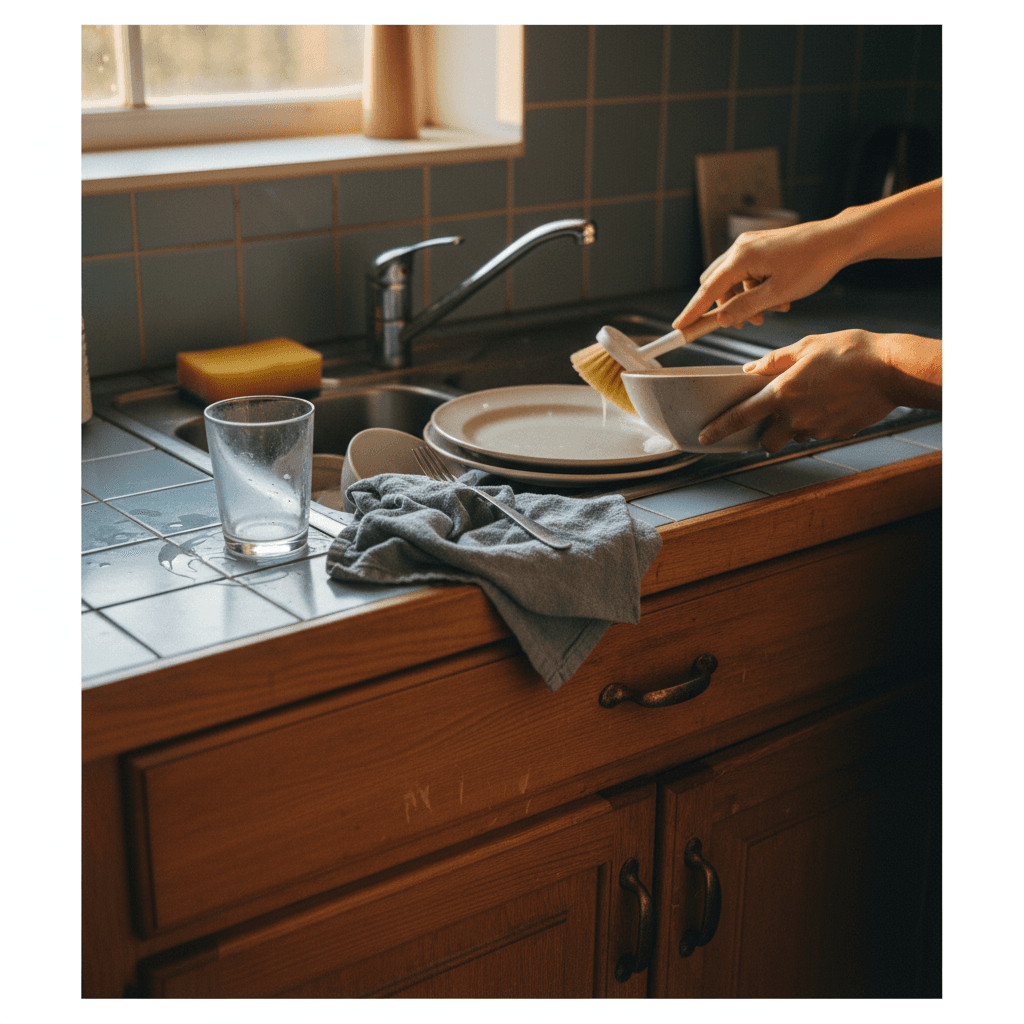 Kitchen sink with a few dishes and a sponge, cleanup after a party