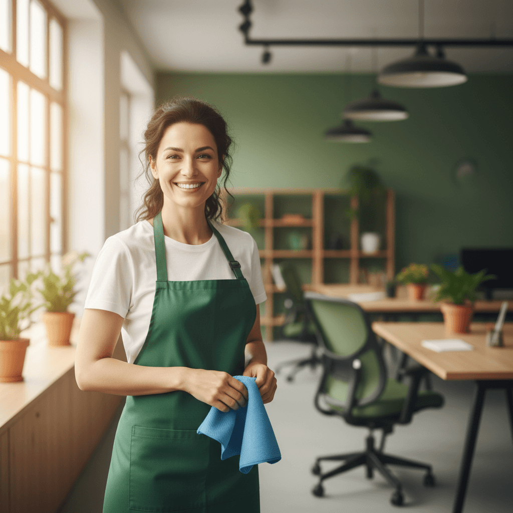 Friendly cleaning professional in a bright modern office