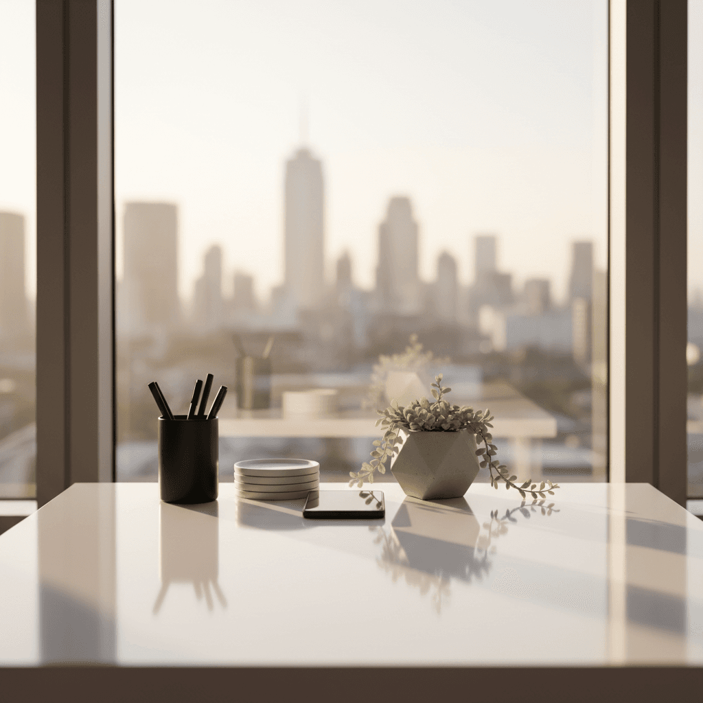 Clean office desk with organized supplies and a plant in natural light