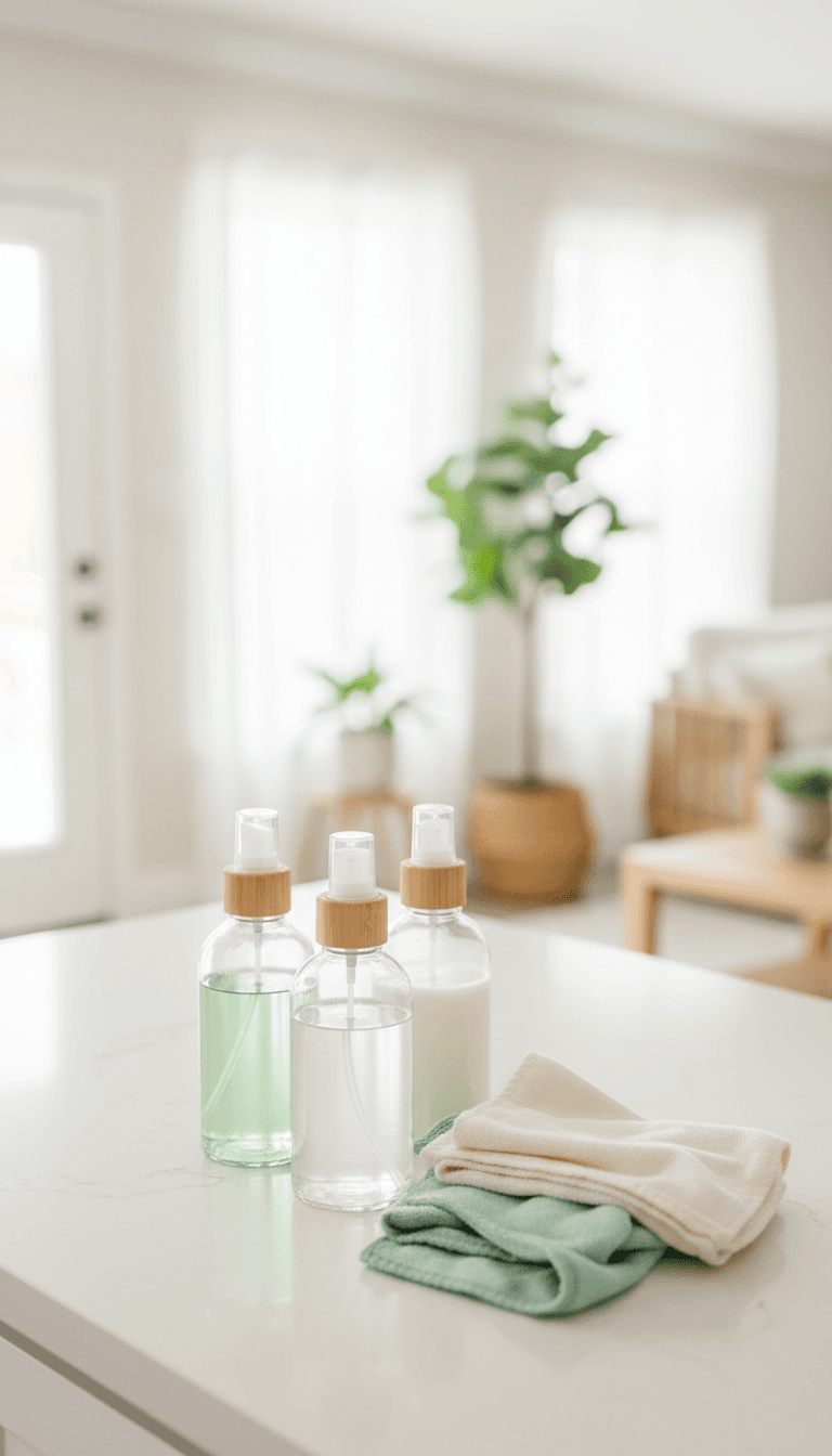 Eco-friendly cleaning products on a bright white countertop in a Frisco home