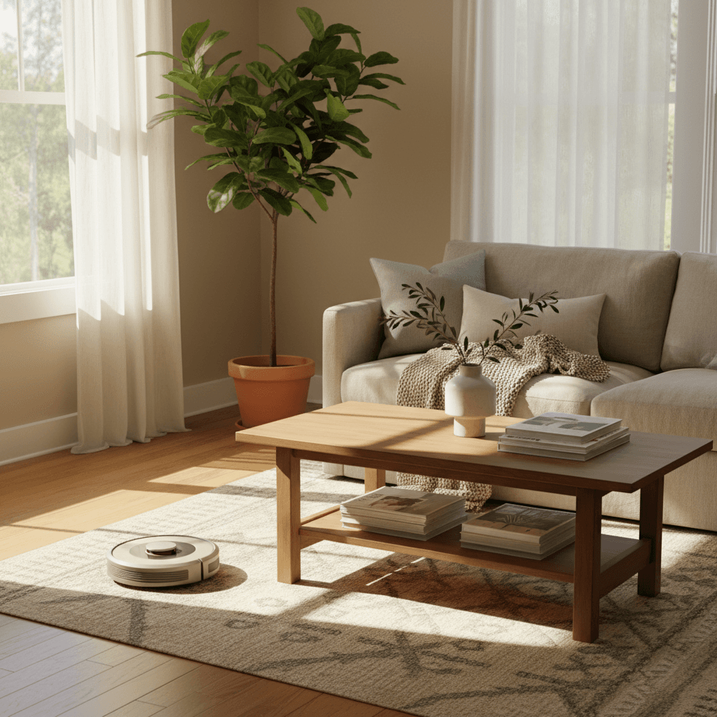 Cozy living room with fresh flowers and a spotless coffee table ready for guests