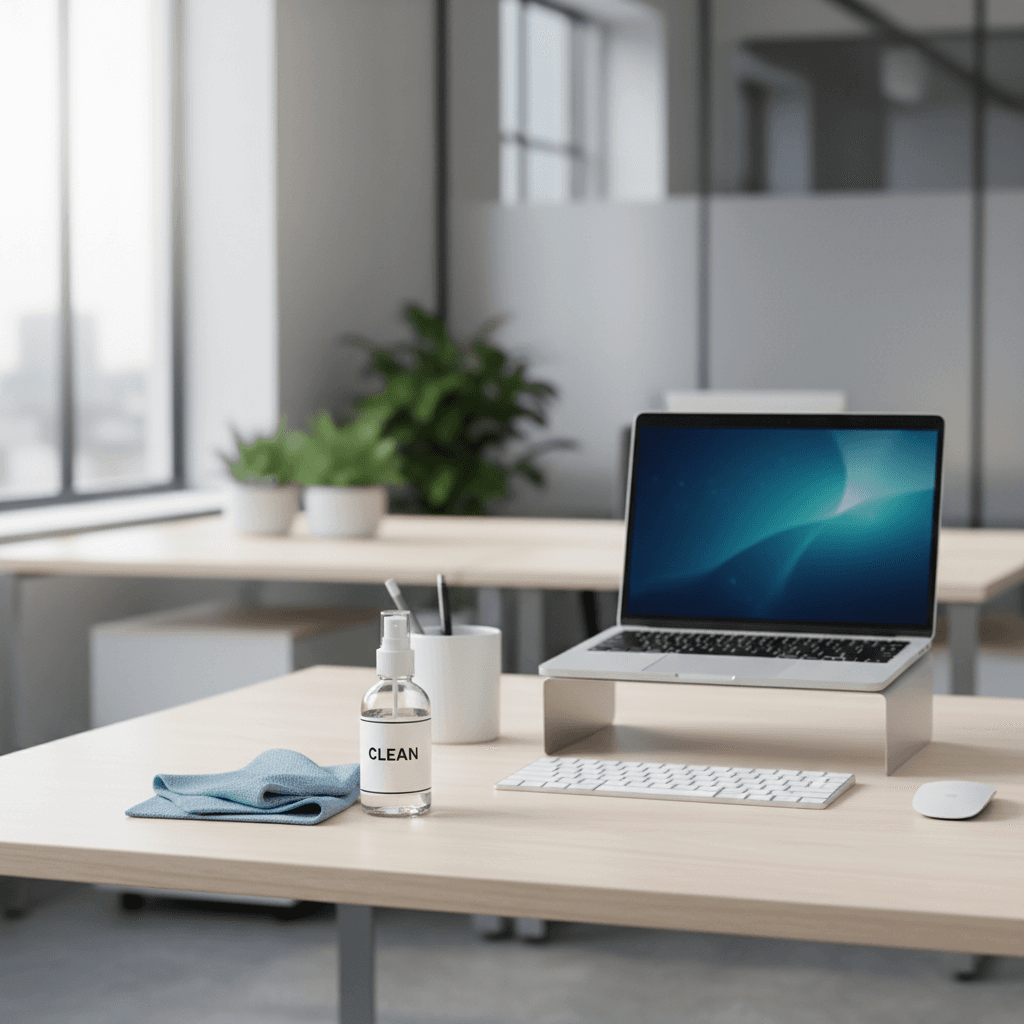 A clean office desk with a cleaning cloth and spray bottle