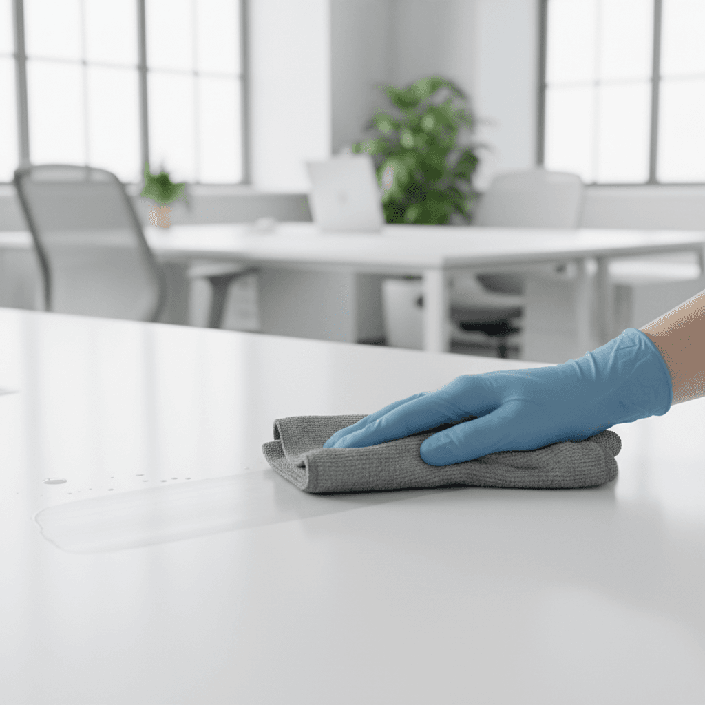 Precise hand wiping an office desk with a cloth