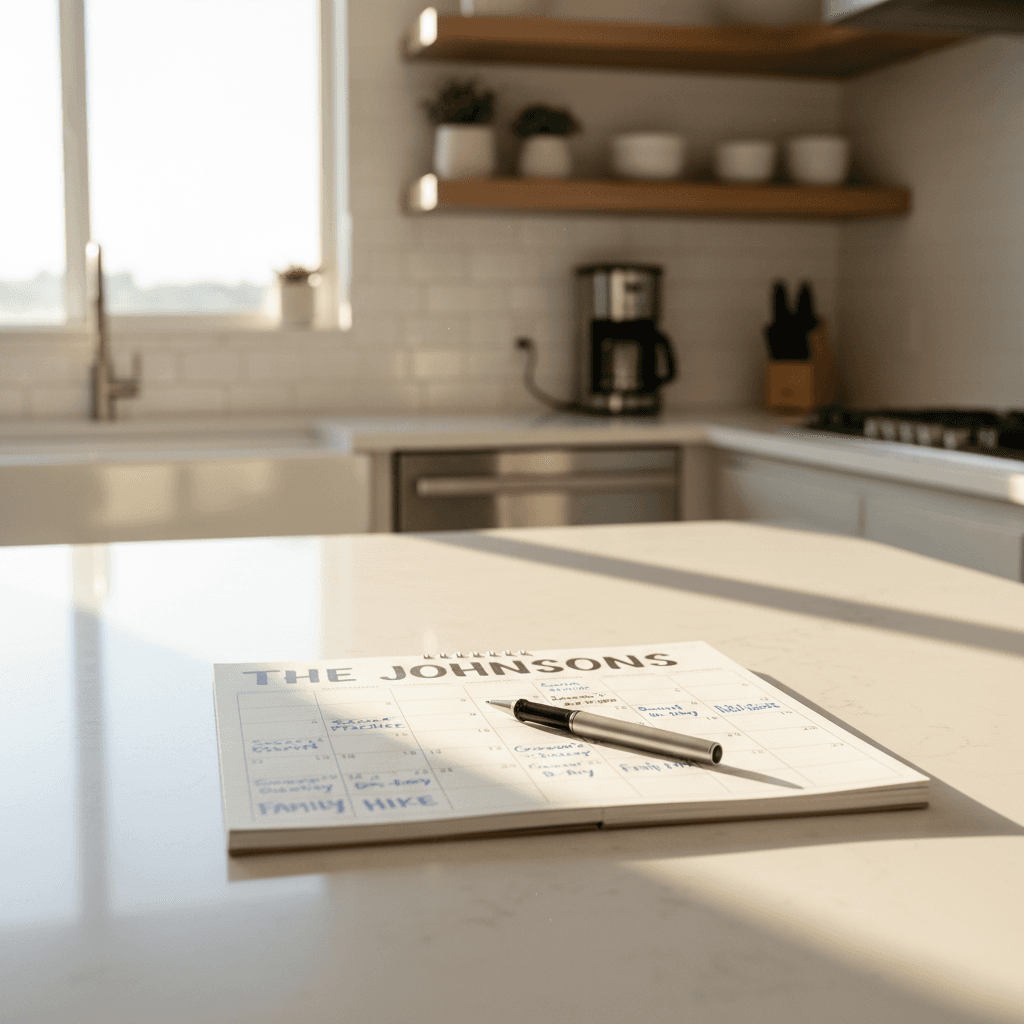 Kitchen calendar with a pen resting on it in a clean, organized home