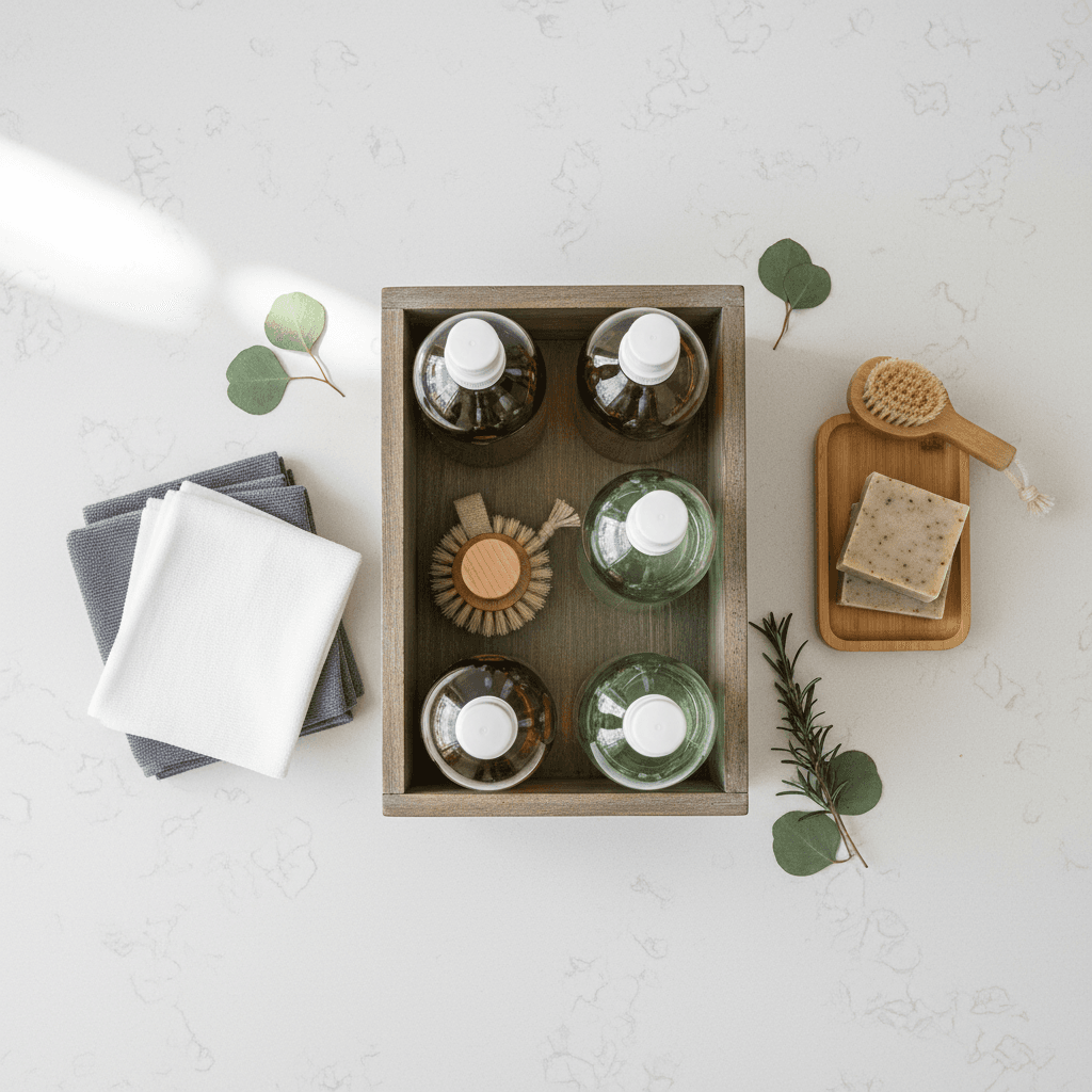 A neatly arranged cleaning caddy with eco-friendly supplies and folded microfiber cloths