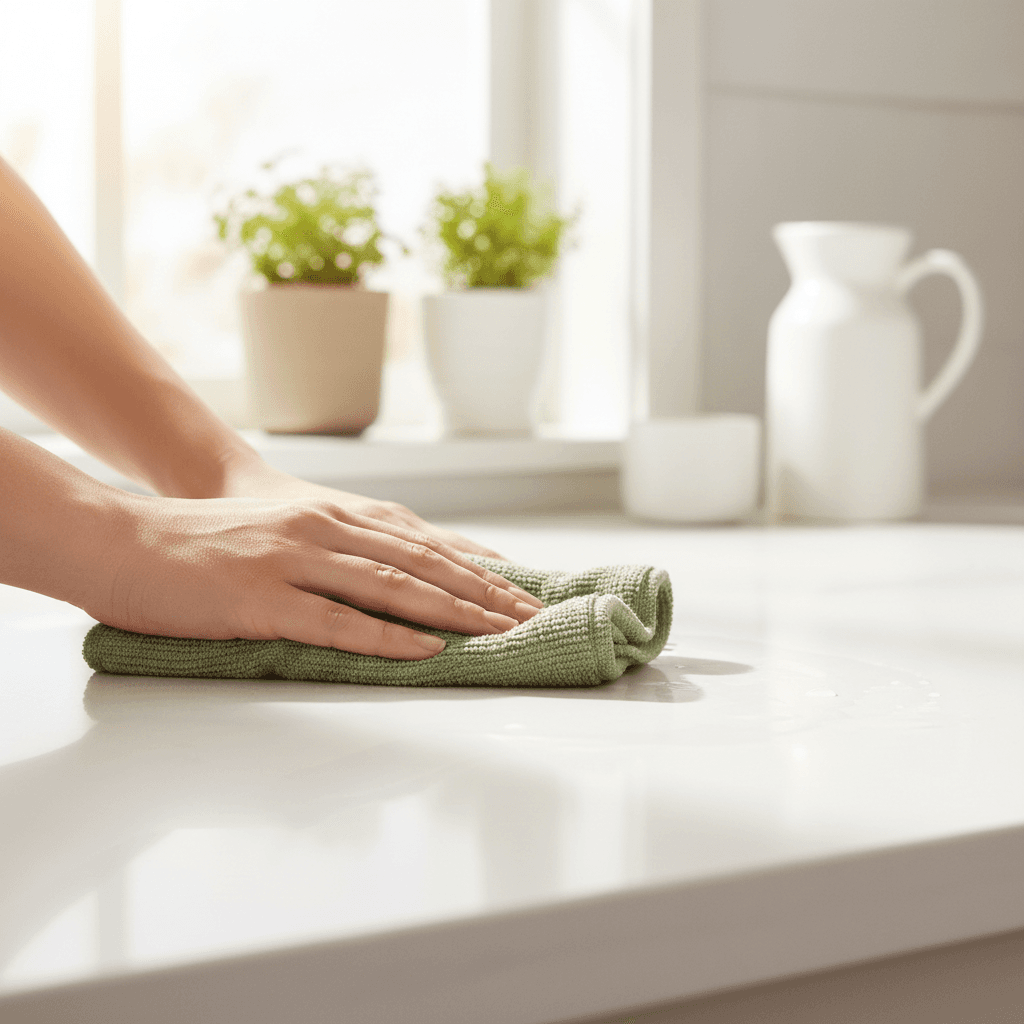 Close-up of hands wiping a clean kitchen countertop with a biodegradable cloth