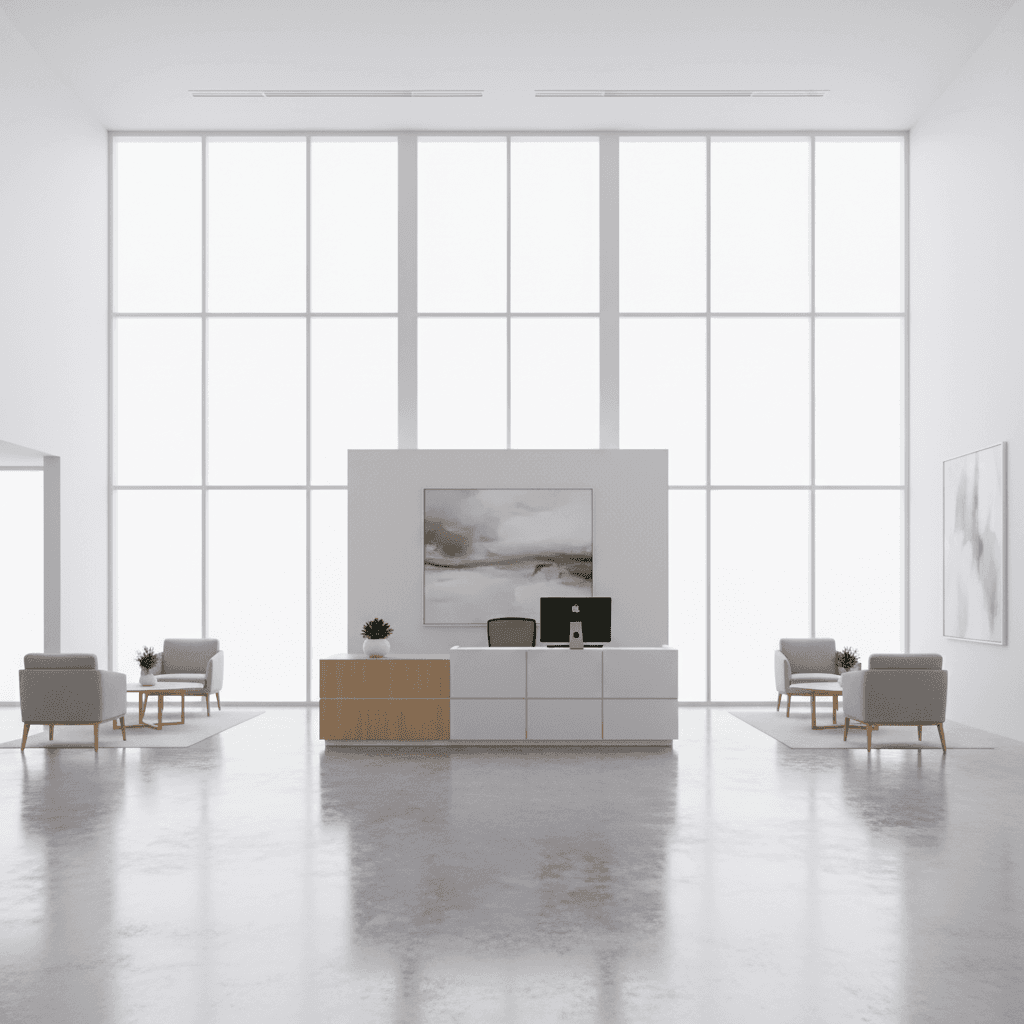A tidy, empty office space with a desk, monitor, and plant after professional cleaning