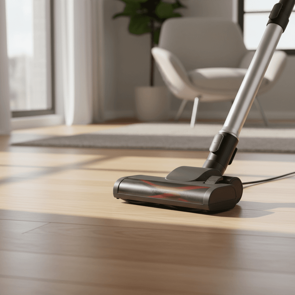 Vacuum cleaner being used on a clean hardwood floor