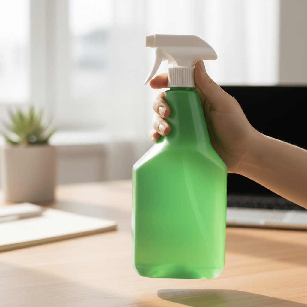 A hand holding a green biodegradable cleaning spray bottle