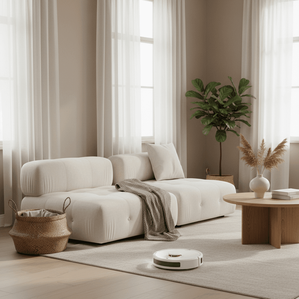 Sunlit living room with a vacuum beside a plush sofa after a cleaning visit