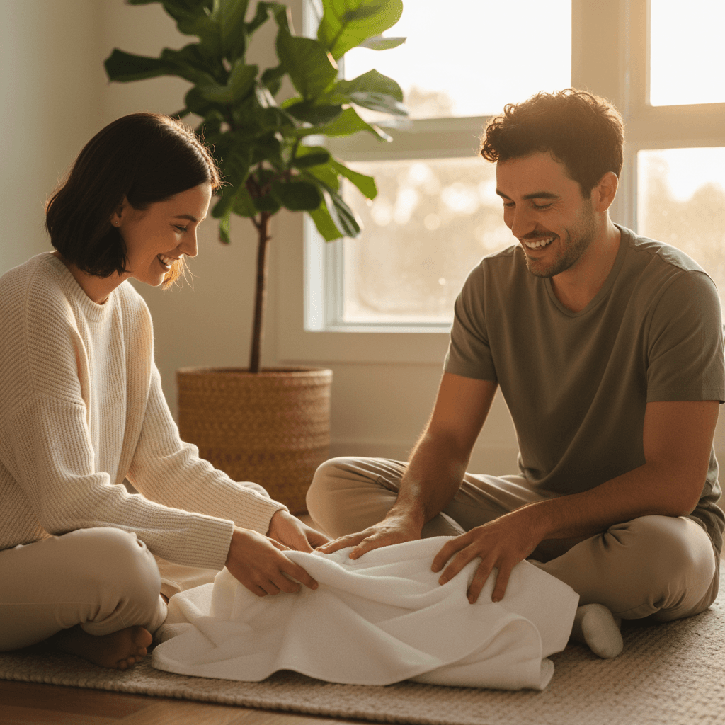 Family members folding a fresh towel together, warm and genuine