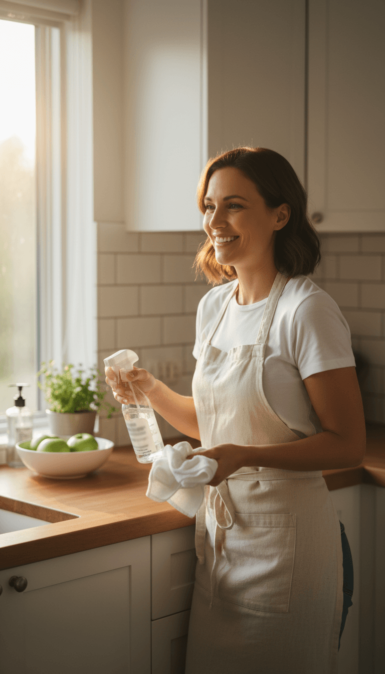 Friendly cleaner in a sunlit kitchen ready to help