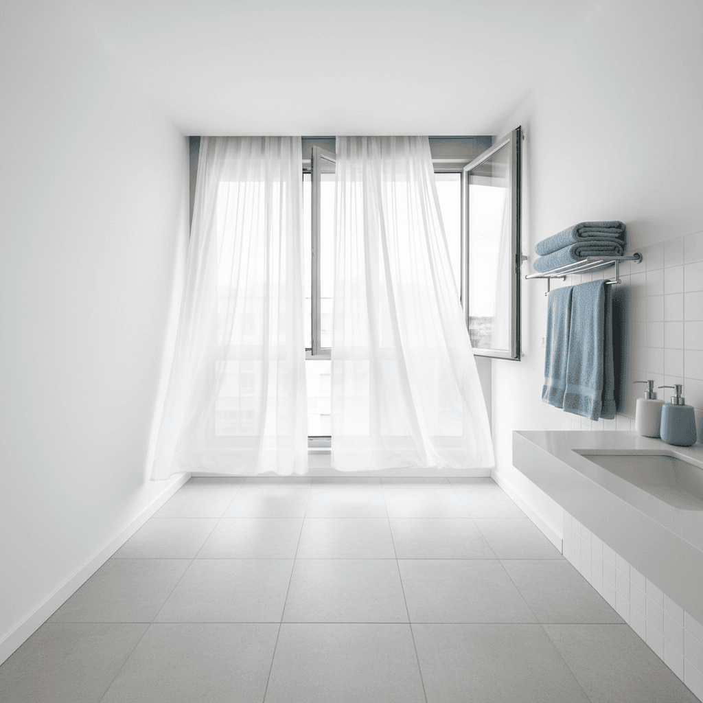 Freshly cleaned apartment bathroom with new towels ready for next tenants