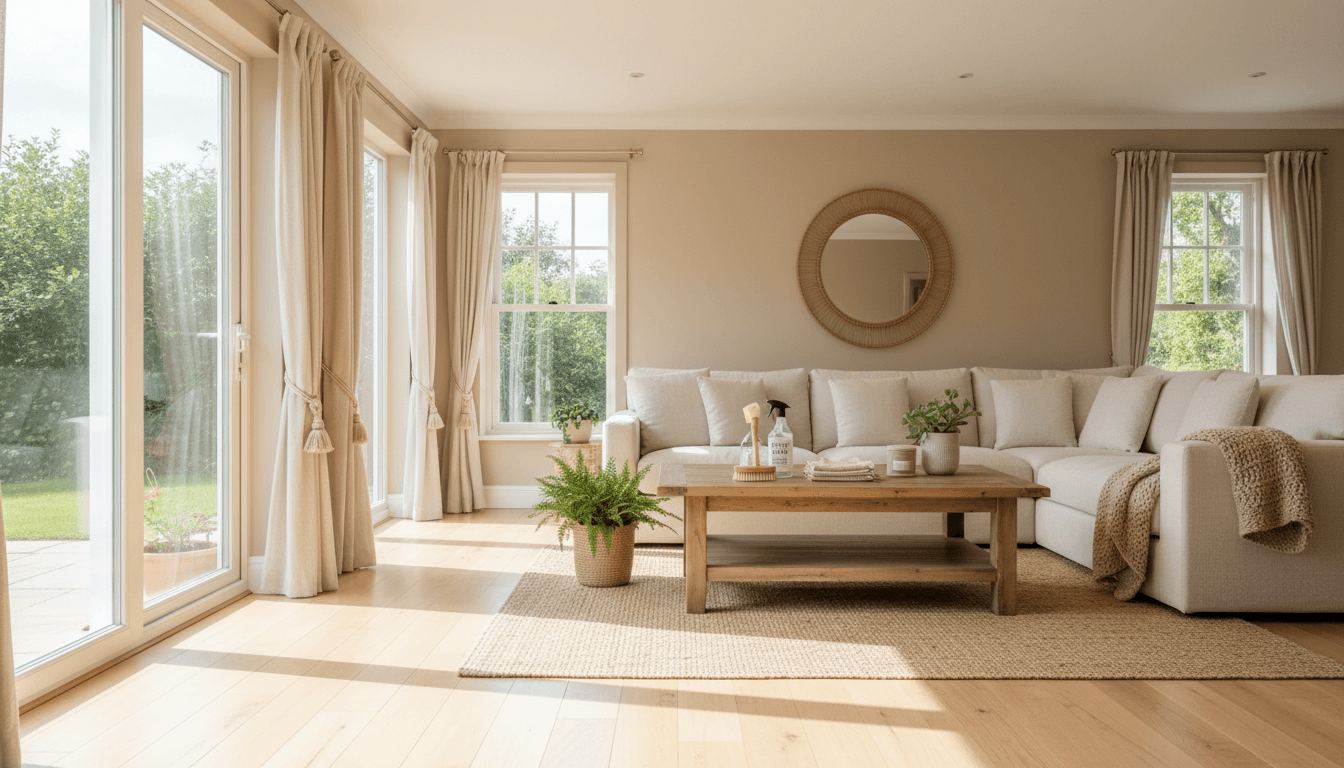 Sunlit living room cleaned with eco-friendly products in Plano