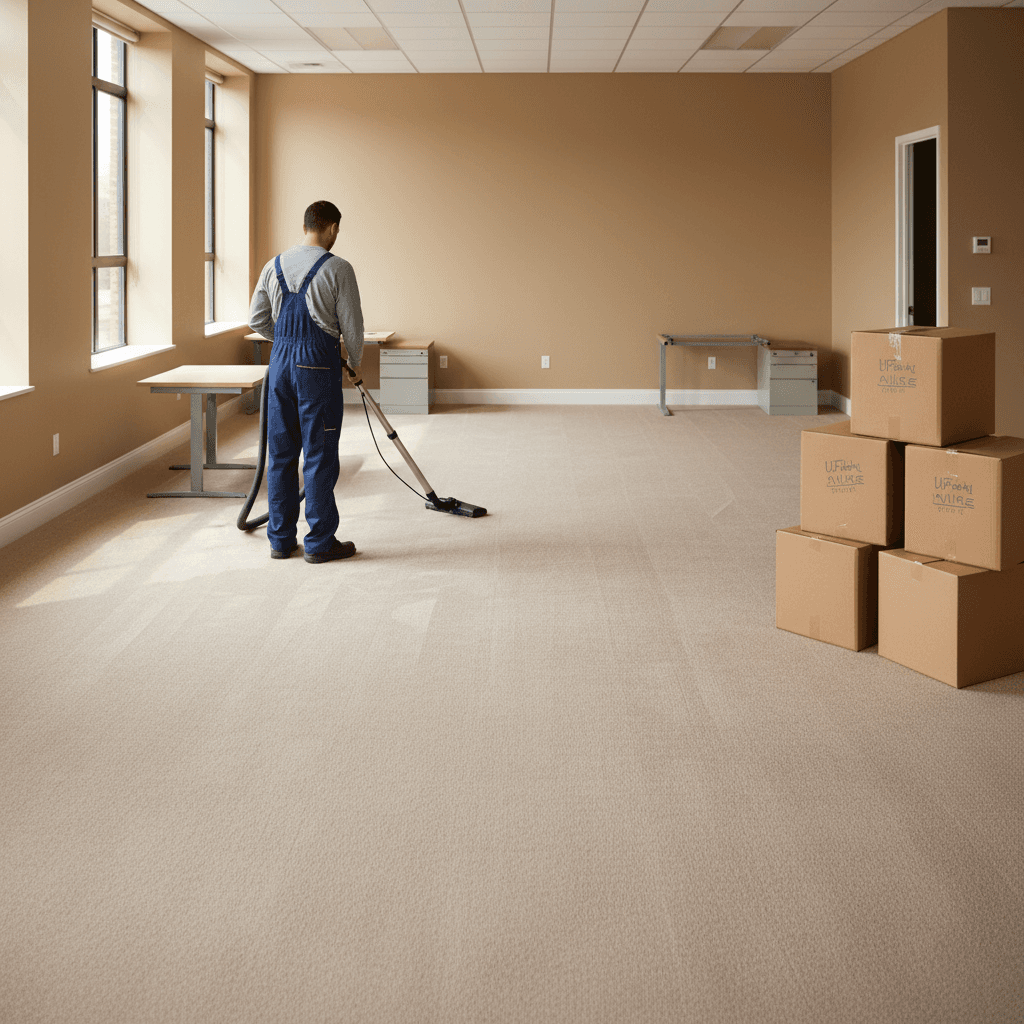 A worker vacuuming an empty office carpet during a move-out clean