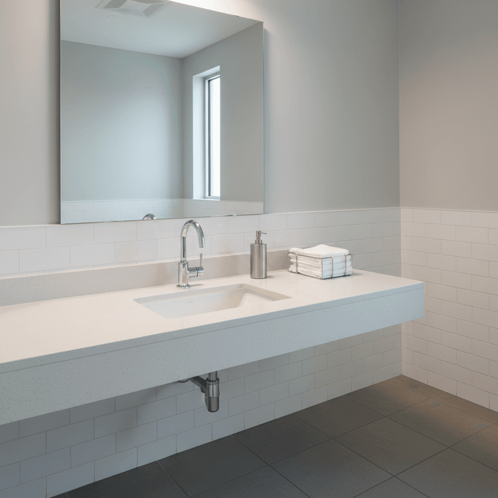 Spotless office restroom with shiny sink and mirror