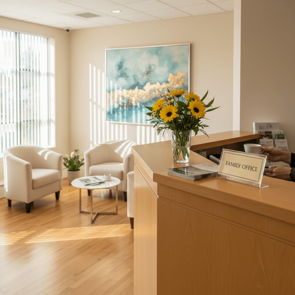 A tidy office lobby with a vase of flowers on the reception desk