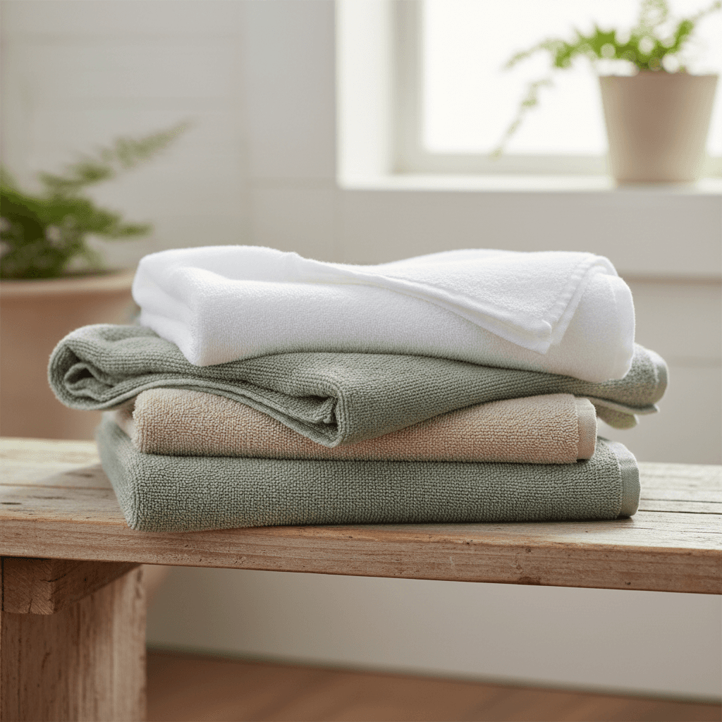 Stack of fresh eco-friendly towels on a wooden bench