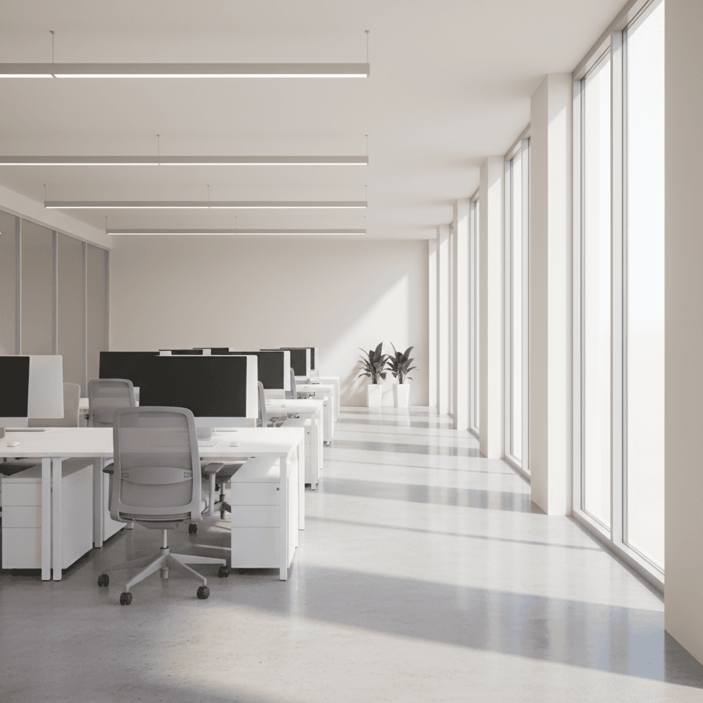 A clean and empty office hallway with polished floors