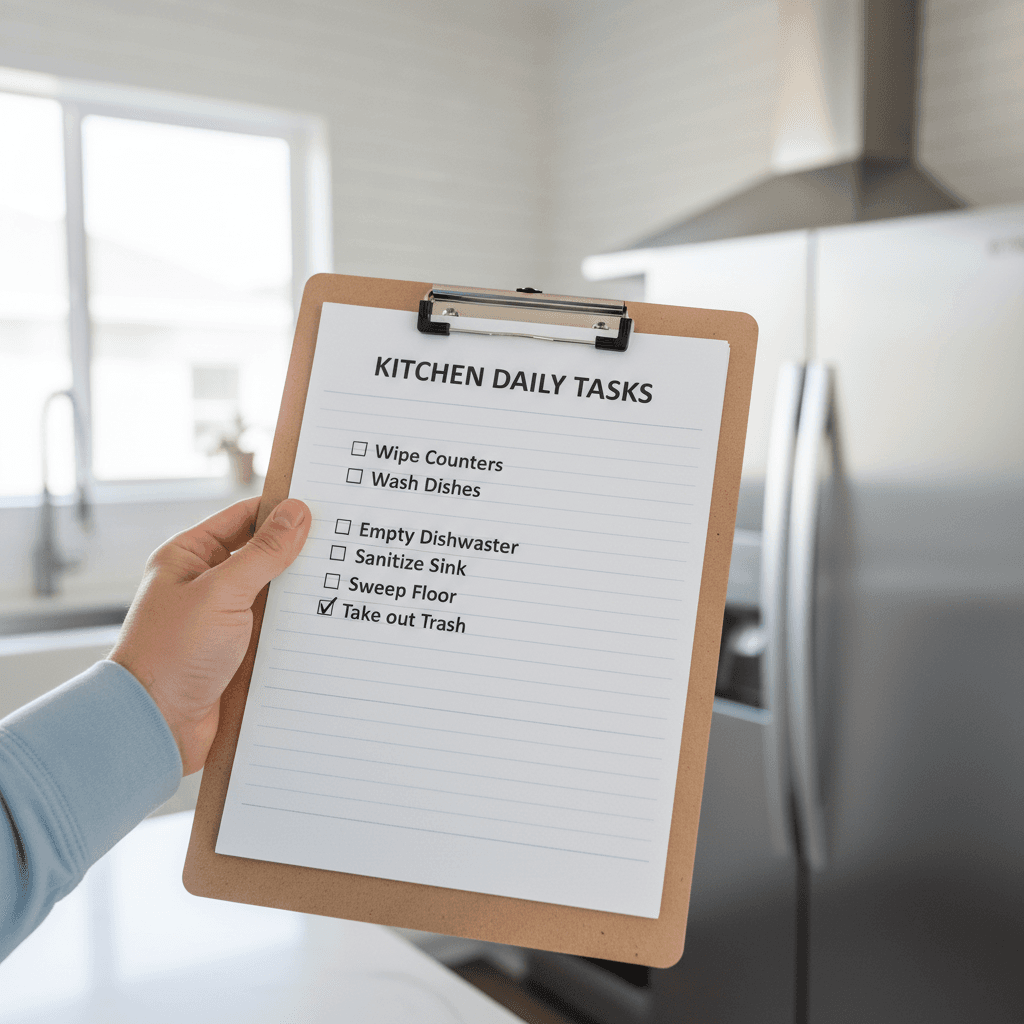 Hand holding a checklist clipboard in front of a clean kitchen