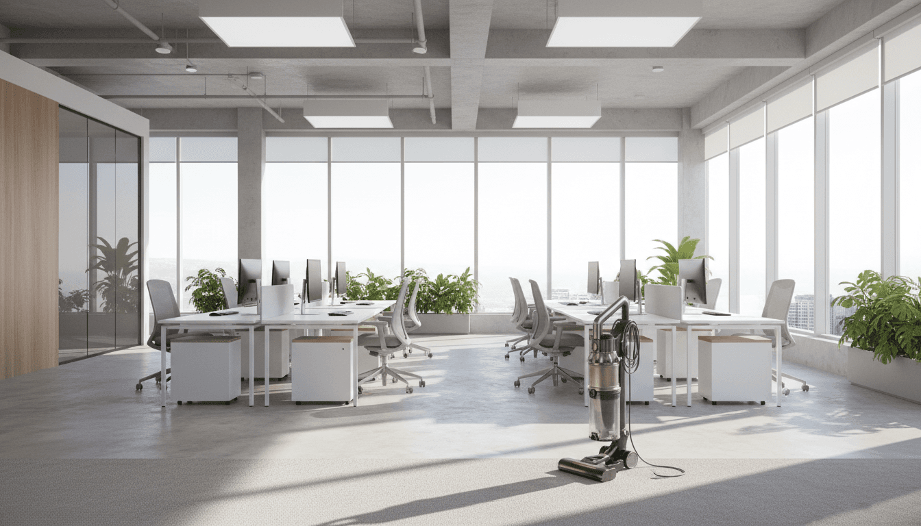 Bright, airy office space with spotless desks and a vacuum cleaner ready for use