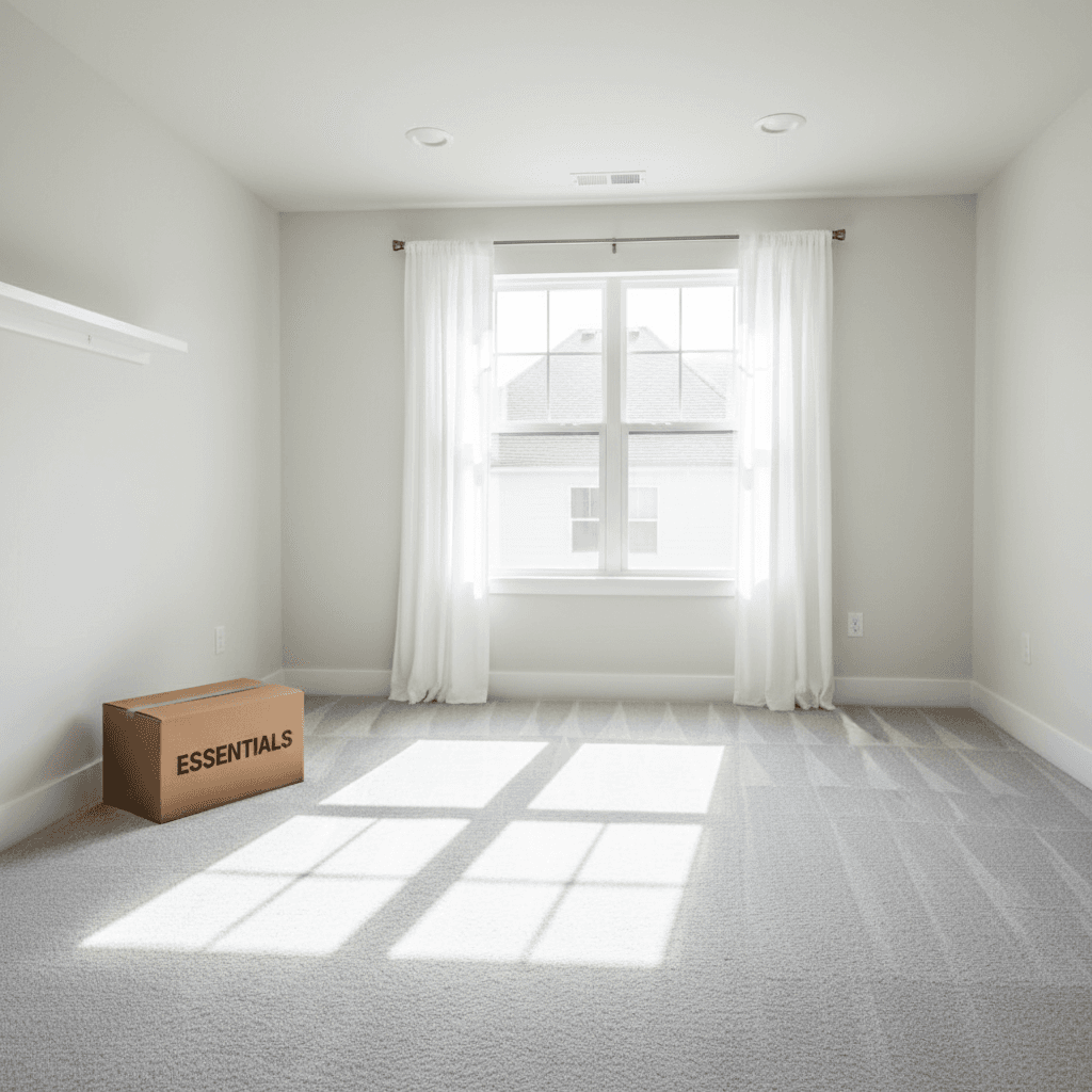Empty, freshly cleaned bedroom with a moving box ready for handover