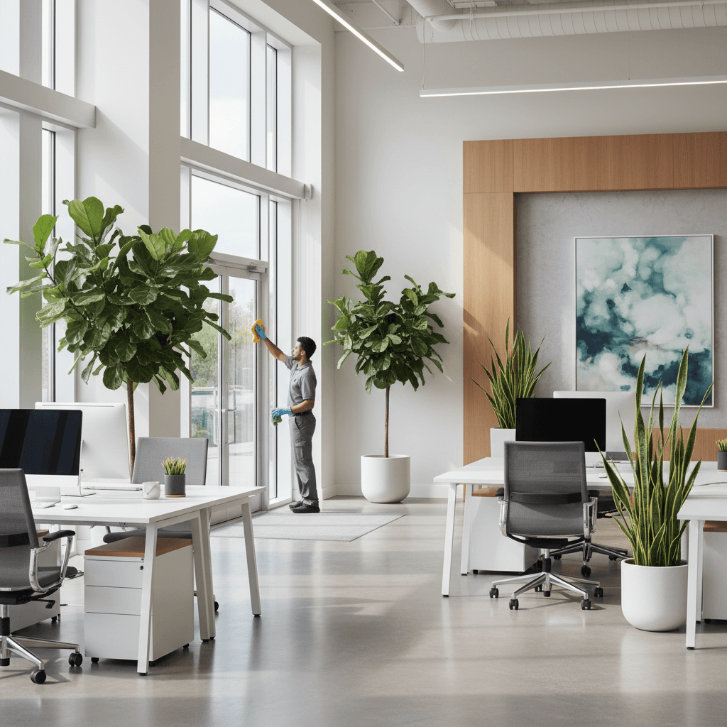 Professional cleaner polishing glass door in a bright modern office lobby