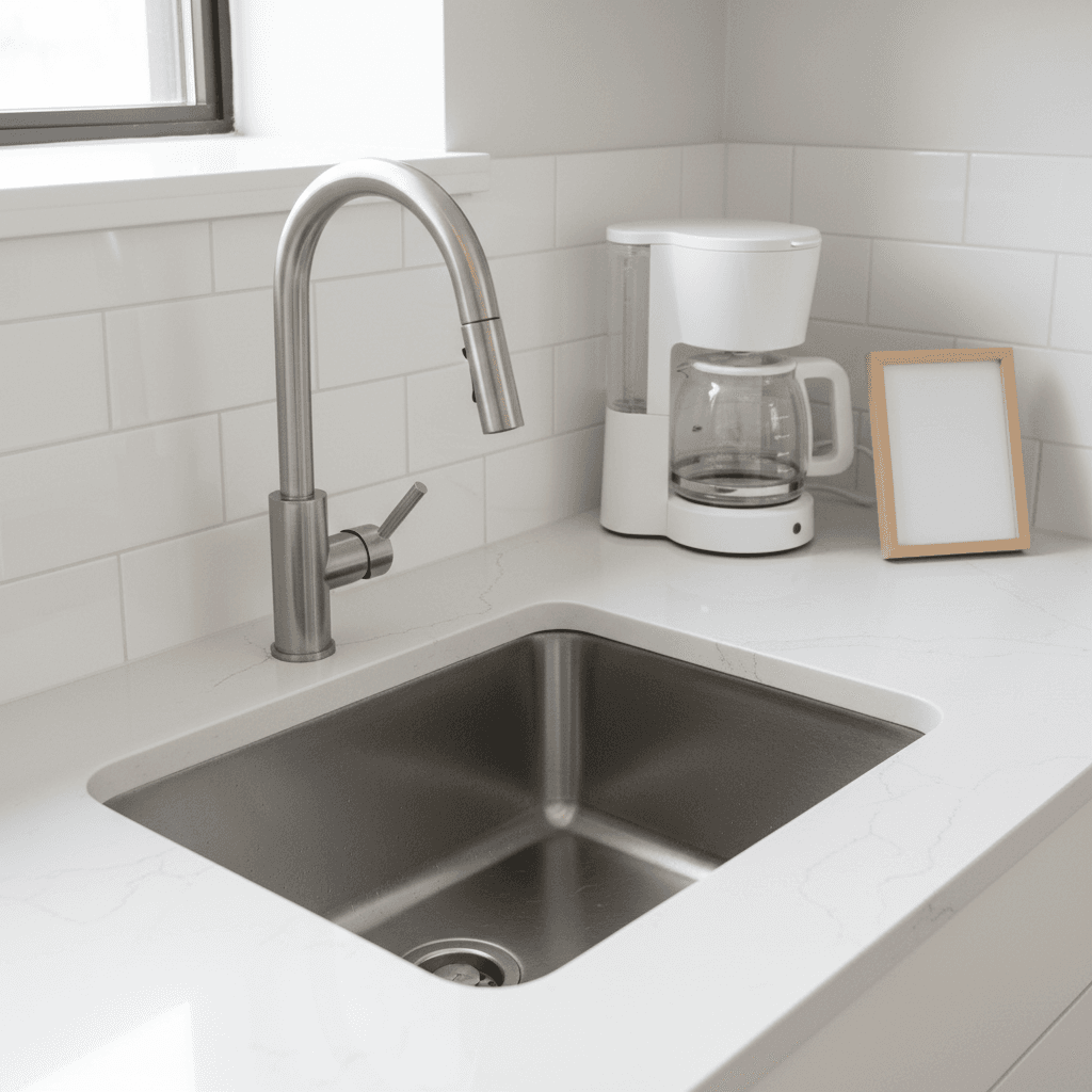 A spotless office kitchen counter with a polished sink and coffee maker