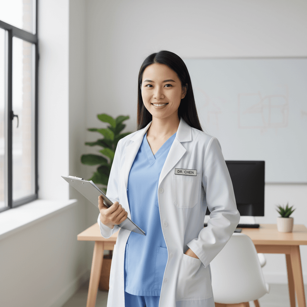 A professional standing in a clean, bright office with a clipboard