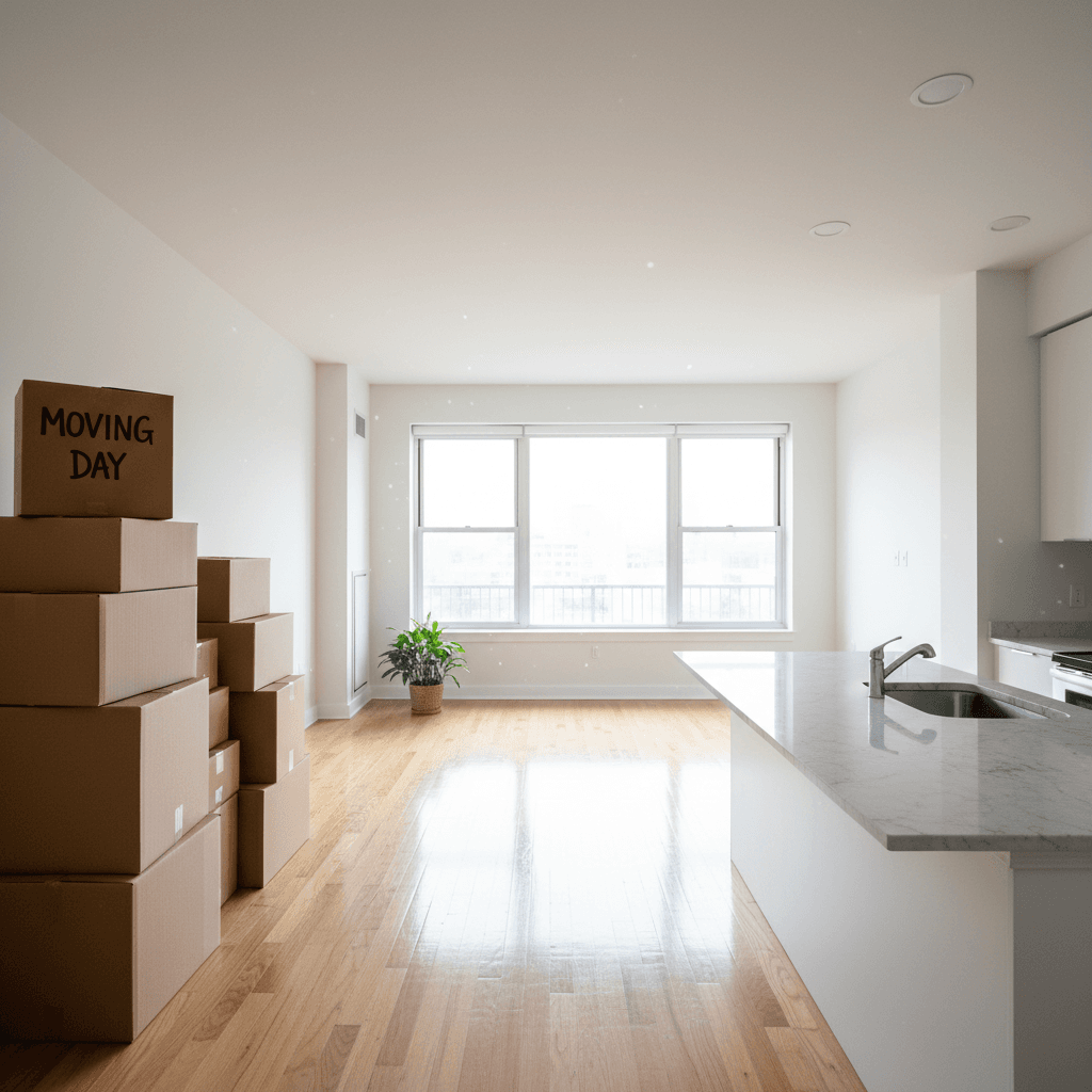 Empty apartment with gleaming floors and fresh counters after a move-out clean