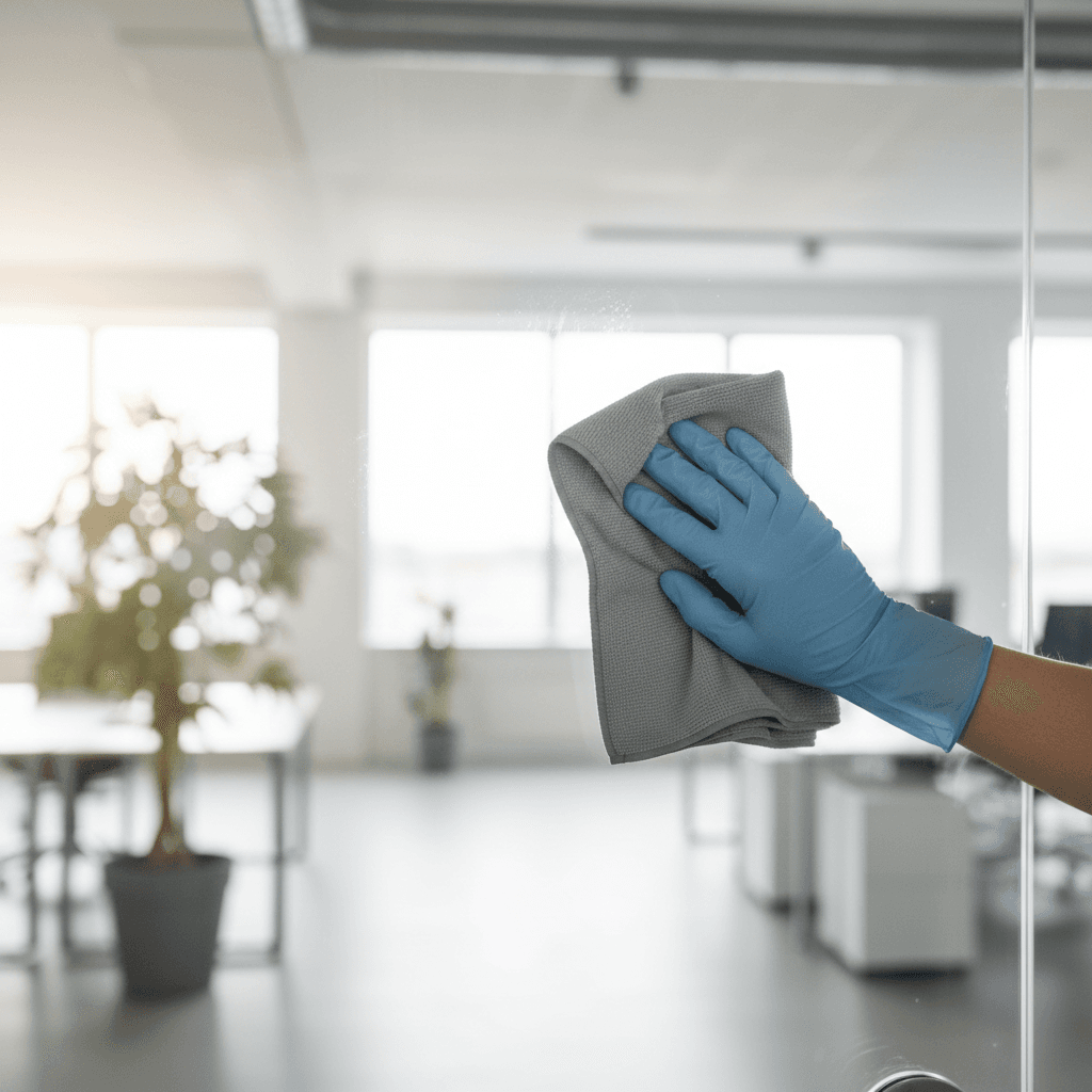 A gloved hand wiping a glass office door with a microfiber cloth