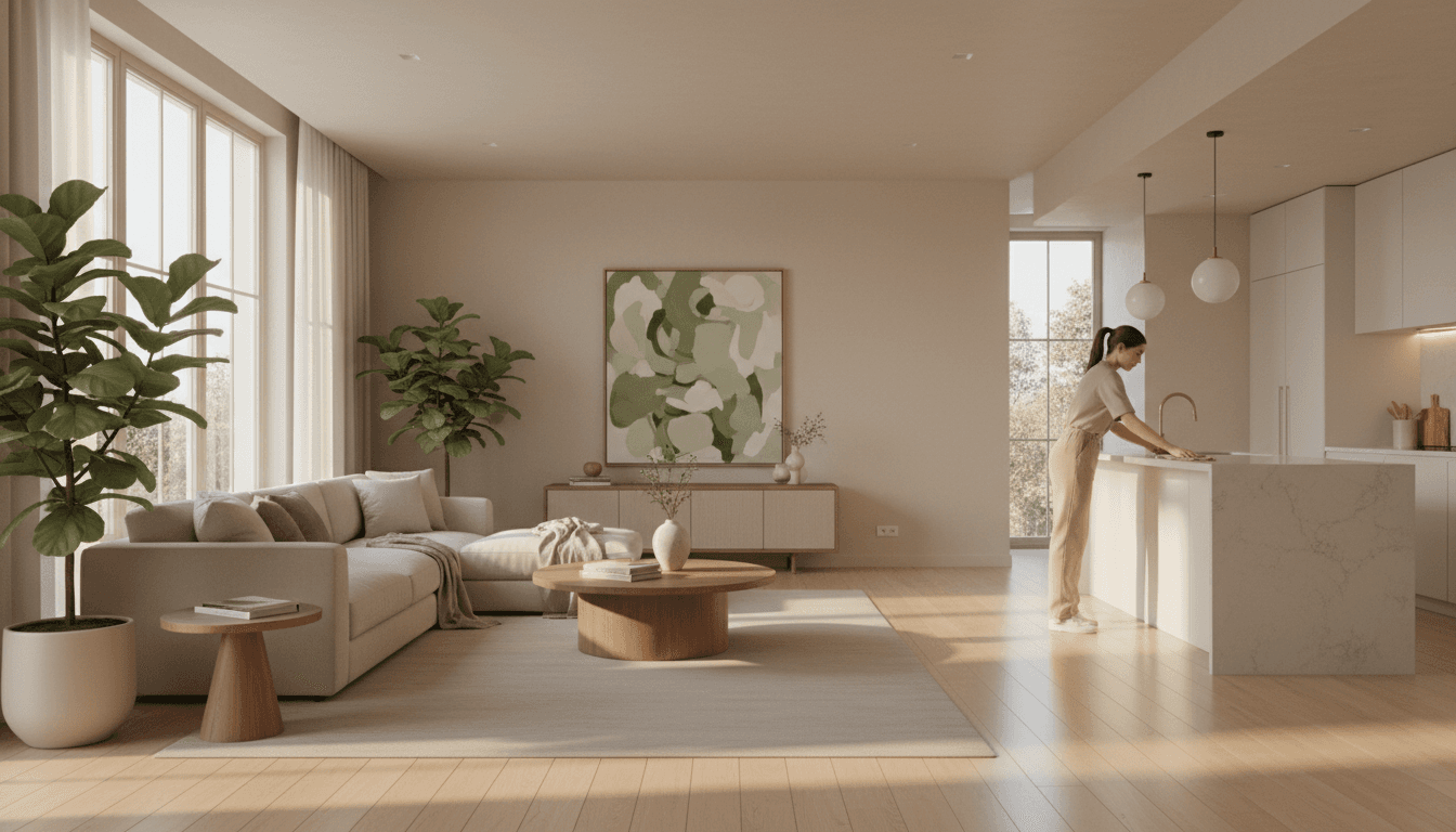 Sunlit modern living room in Plano with spotless hardwood floors and a housekeeper cleaning the kitchen counter