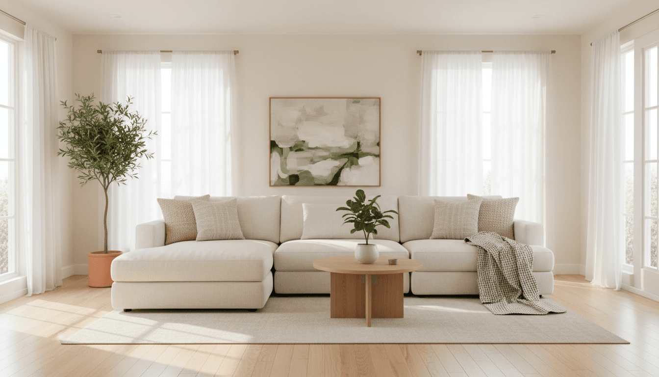 Bright, clean living room with sunlit windows and gleaming floors