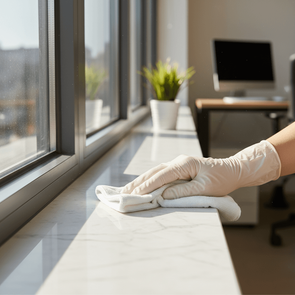 A gloved hand wiping a window sill in a bright office