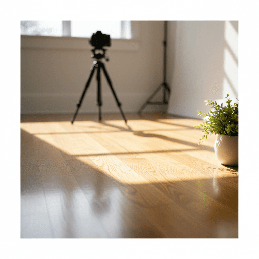 Shiny hardwood floor reflecting light, ready for real estate photos