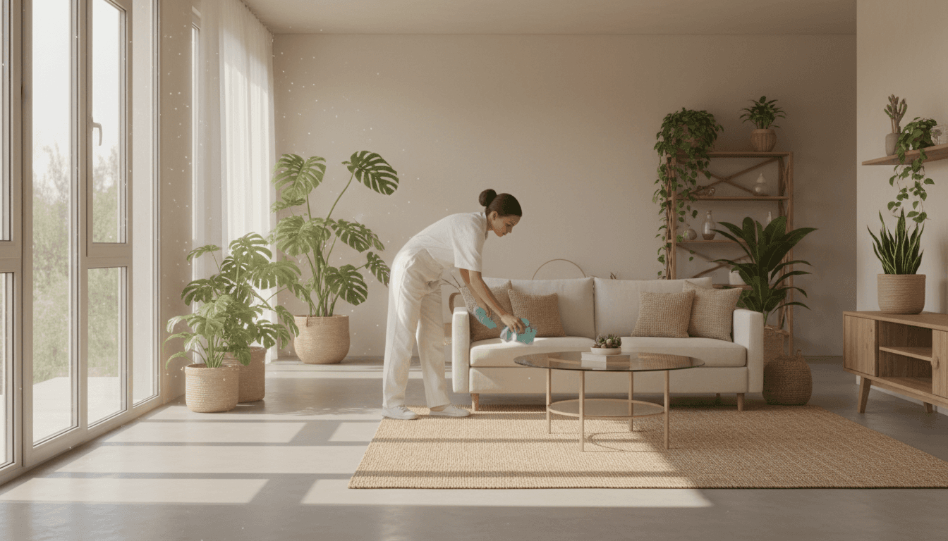 Sunlit living room cleaned by FreshCo with natural products