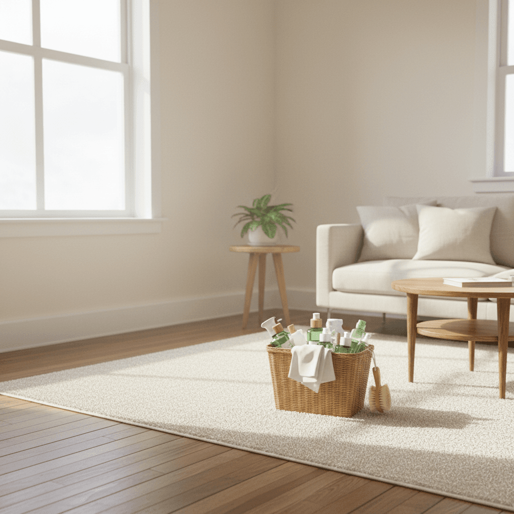 Empty living room prepared for move-in with eco-friendly cleaning supplies
