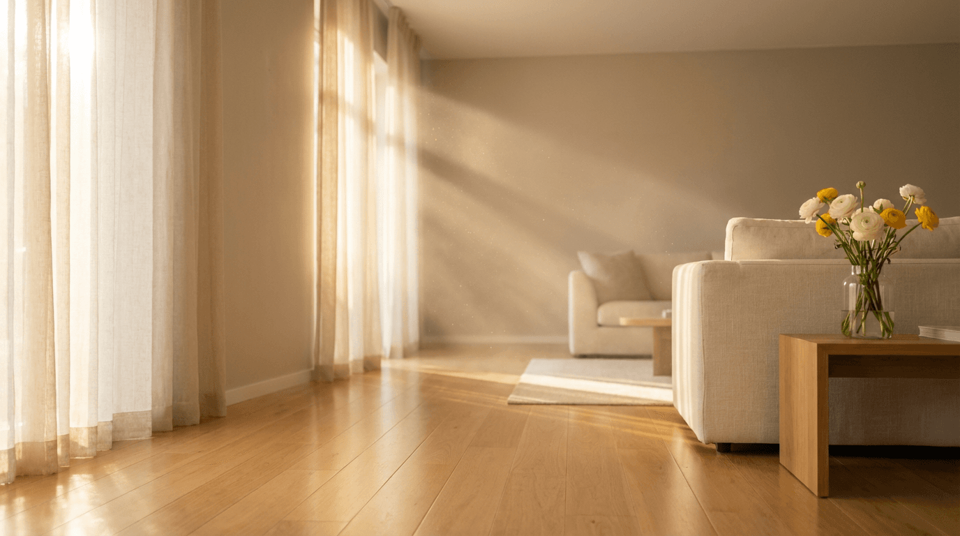 Bright, freshly cleaned living room with plants and sunlight