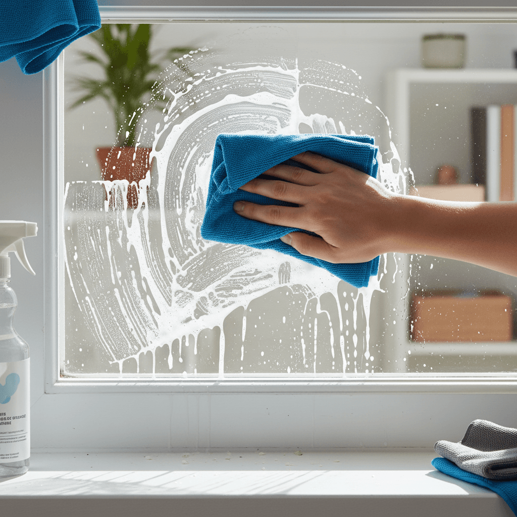 FreshCo cleaner wiping a window sill with a microfiber cloth