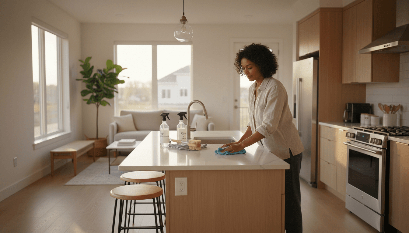 FreshCo cleaner wiping a bright kitchen counter with eco-friendly products in Plano