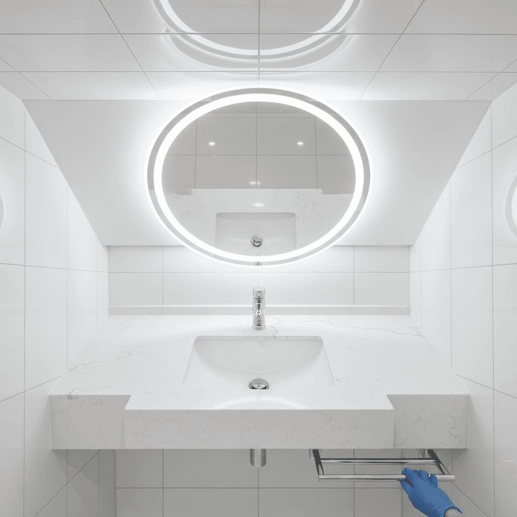 Organized bathroom counter with a clean mirror and folded towel